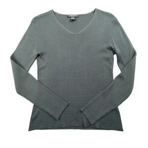 Harold's Women's Small 100% Silk Waffle Knit V-Neck Long Sleeve Shirt Sage Green
